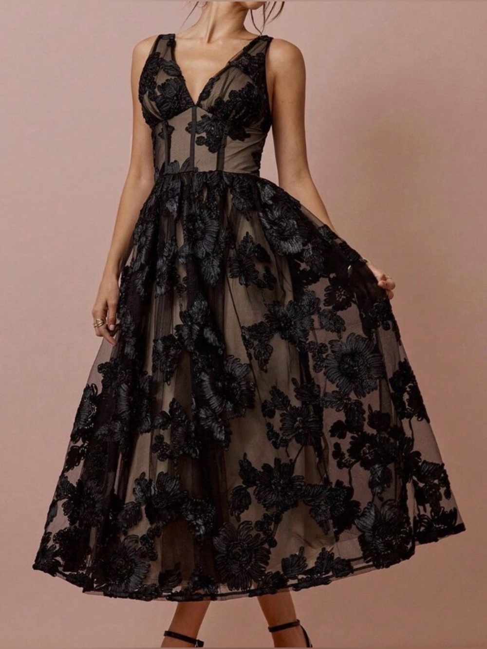 Black Elegant Women's Romantic Floral Mesh V-Neck Princess Dress